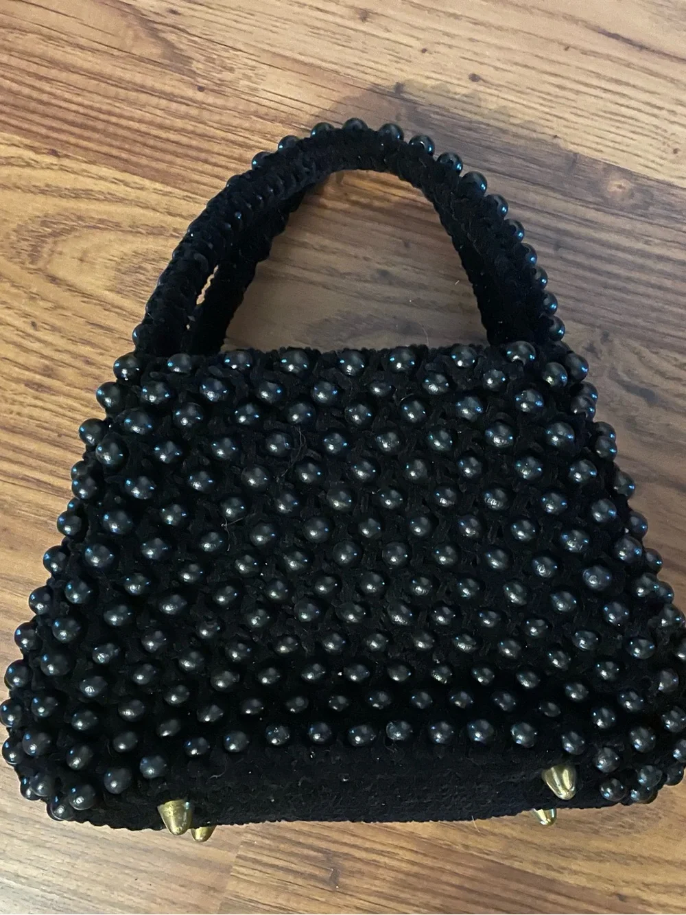 Vintage Black Beaded Top-Handle Metal Kiss Clasp Pochette Style Hand Bag